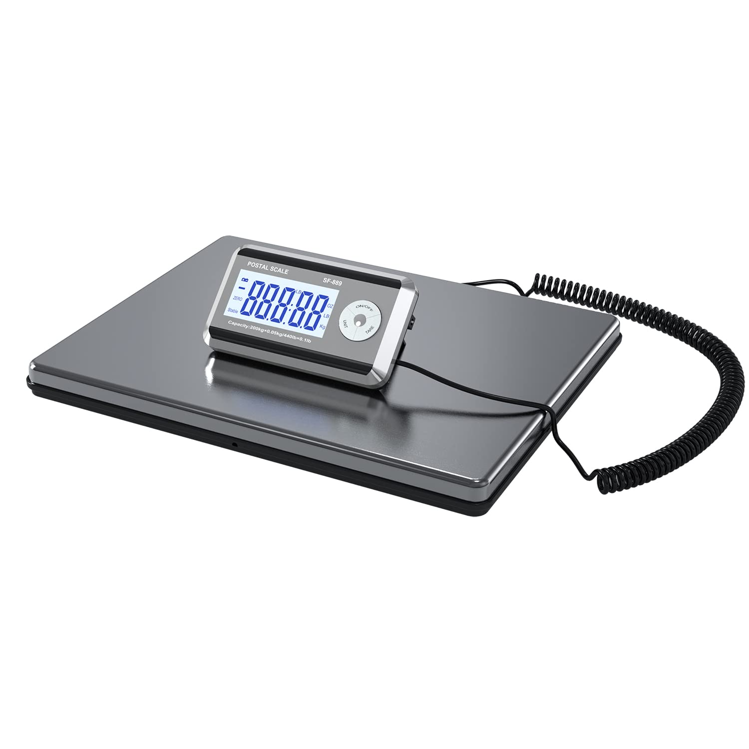 Nilpferd Paketwaage bis 200kg/50g Plattformwaage Briefwaage mit Große Plattform L*B-38,8 * 30,8 cm aus Edelstahl,Externes Beleuchtetes LCD Display 4*AA-Batterien oder AC-Adapter (Silber1)