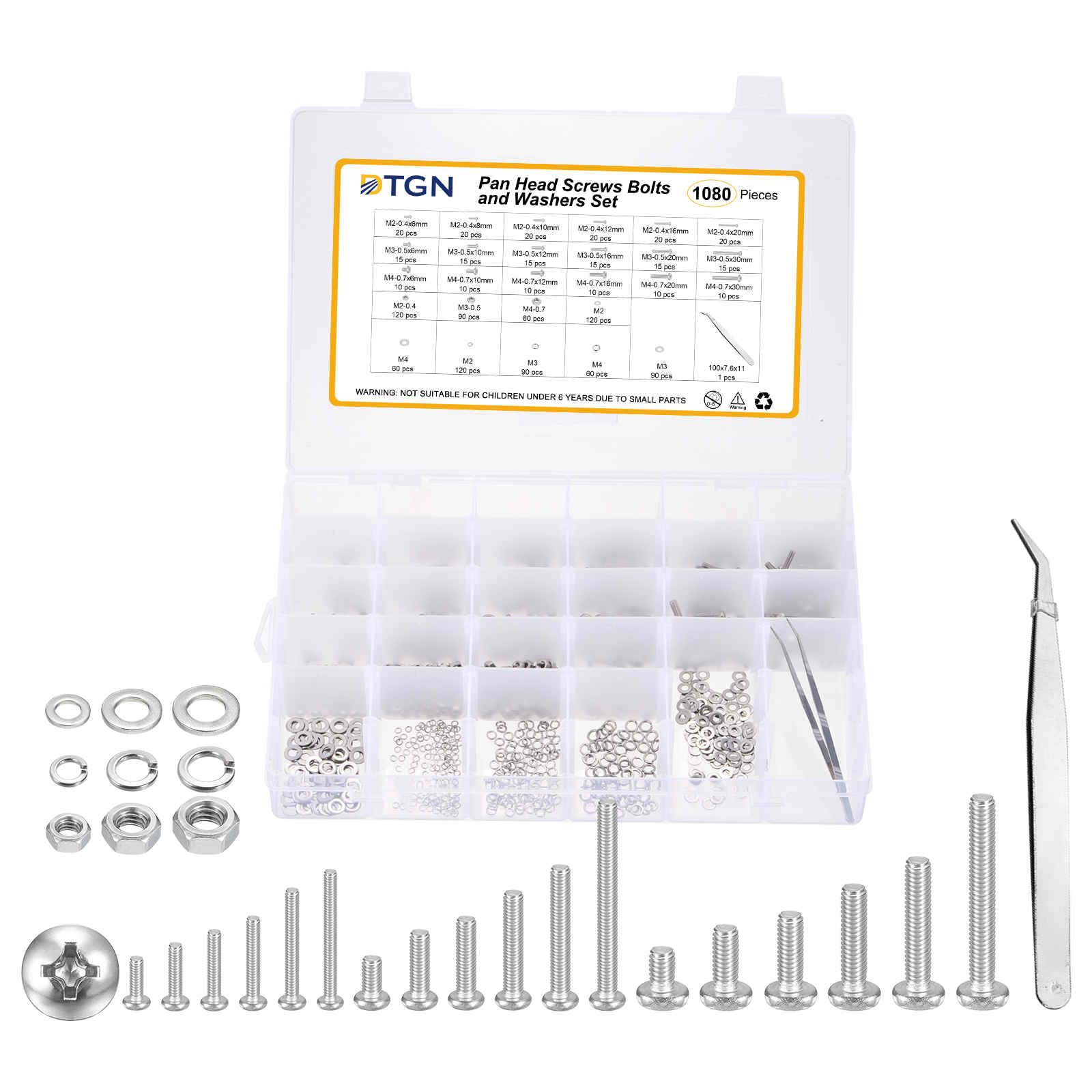 DTGN M2M3M4 Phillips Pan Head Bolt W/Nut Washer Tweezers 304 1081pcs