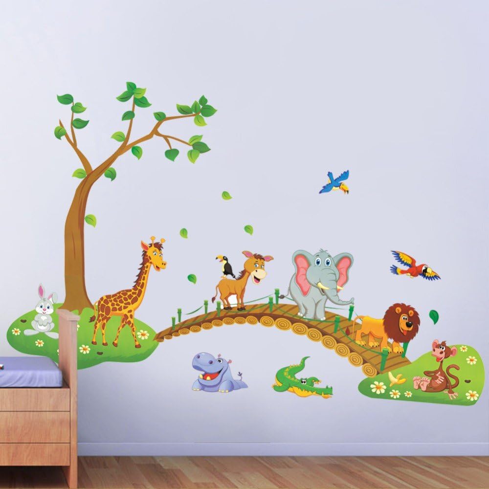 3D Cartoon Jungle wild animal tree bridge lion Giraffe elephant birds flowers wall stickers for kids room living room home decor