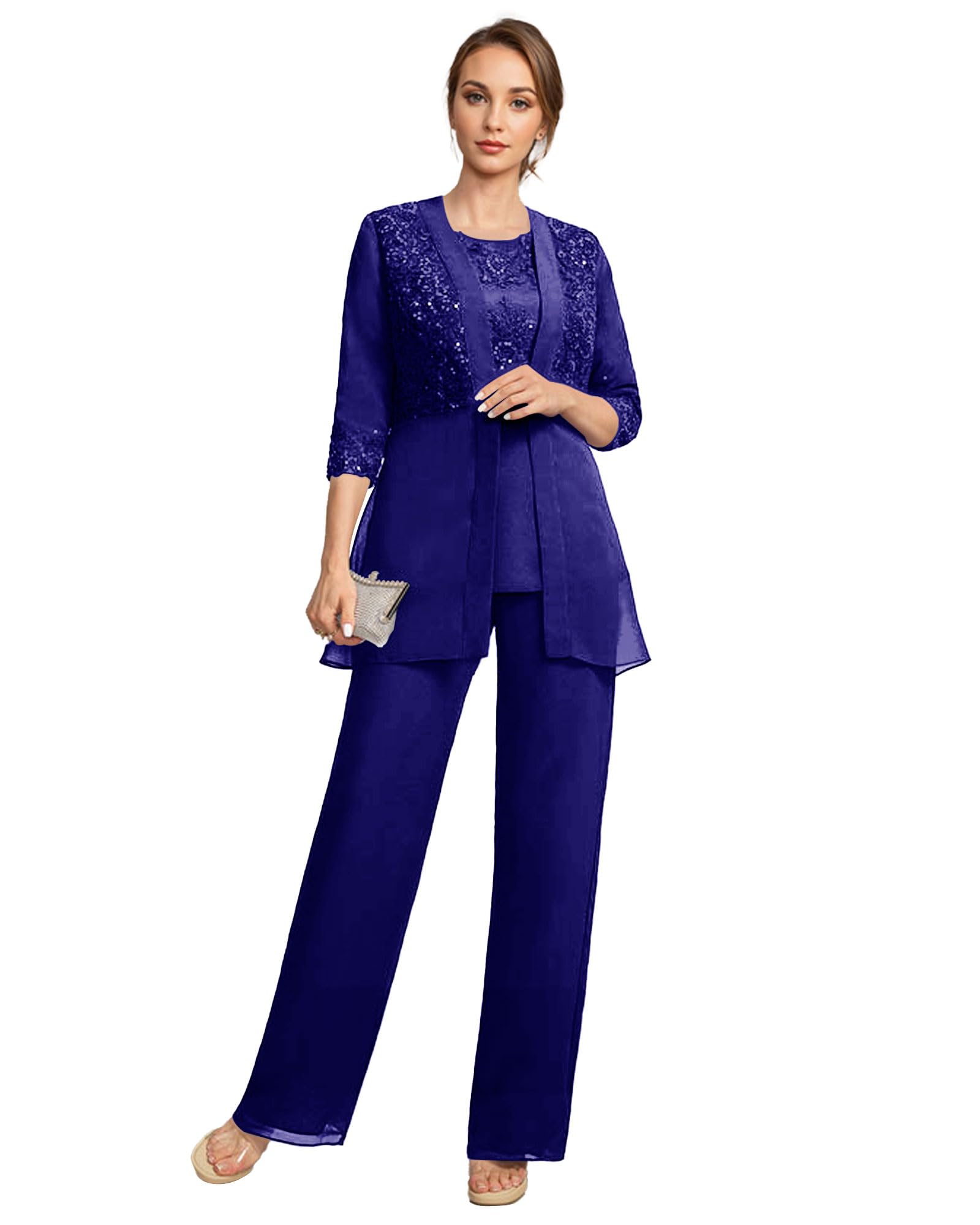Hosenanzug Damen Festlich Elegant,Spitze 3/4 Ärmel Hosenanzug mit Jacke Damen Chiffon Sportlich Kleider für Hochzeitsgäste