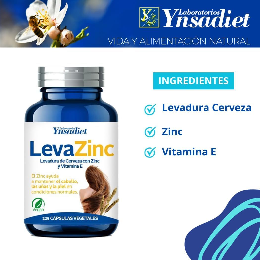 Pack 3 LevaZinc Ynsadiet 225 cápsulas vegetales, 675 cápsulas totales, levadura de cerveza con zinc y vitamina E, complemento para cabello, piel y uñas, formato ahorro.