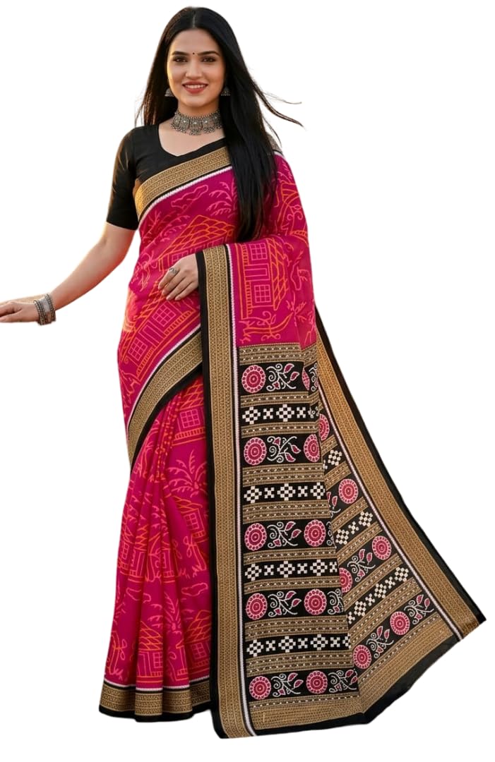 sarkar sarees Pure Cotton Sambalpuri Printed Saree for Women, Traditional Odisha Inspired Ethnic Saree with Contrast Floral Border & Temple Design, Casual Daily Saree Without Blouse Piece-picture-60