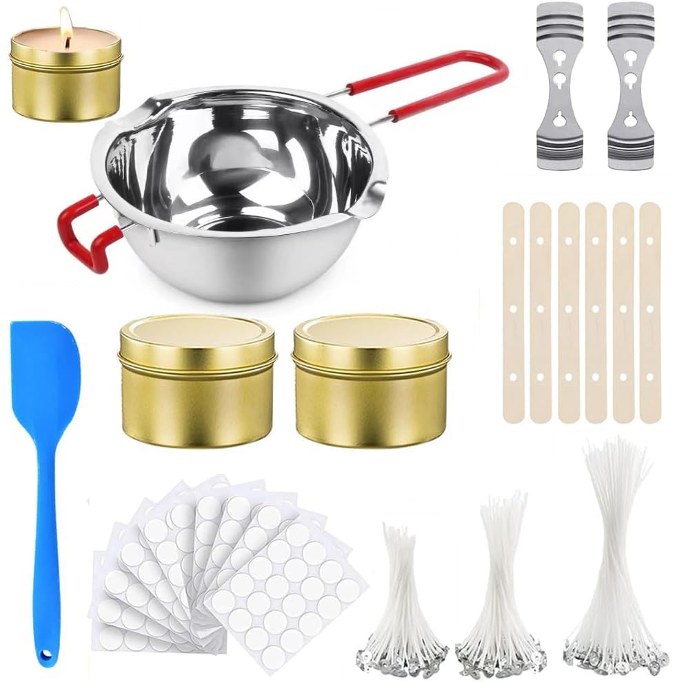 Set per Fare Candele,Stoppini Candele Fai Da Te Kit,Kit Candele Fai Da Te,150 stoppini per candele,200 Adesivi per Stoppino,1Crogiolo,2 Vasetti per Candele,1Spatole in Silicone