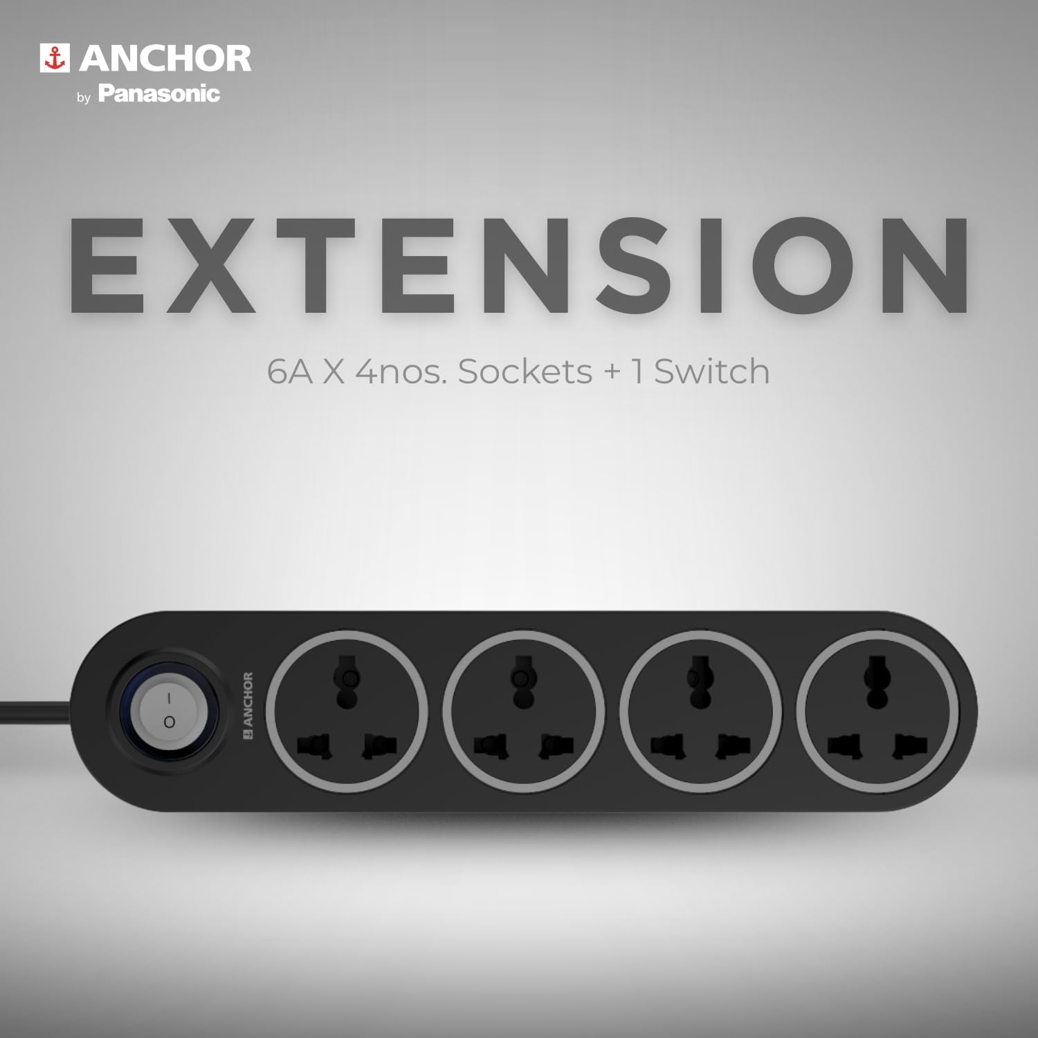Anchor by Panasonic 4 Universal Socket Extension Board, 6A Spike Guard with 2-Meter Heavy Duty Cord for Home and Office Usage, 4 Way Power Strip with LED Indicator, Matt Finish 1