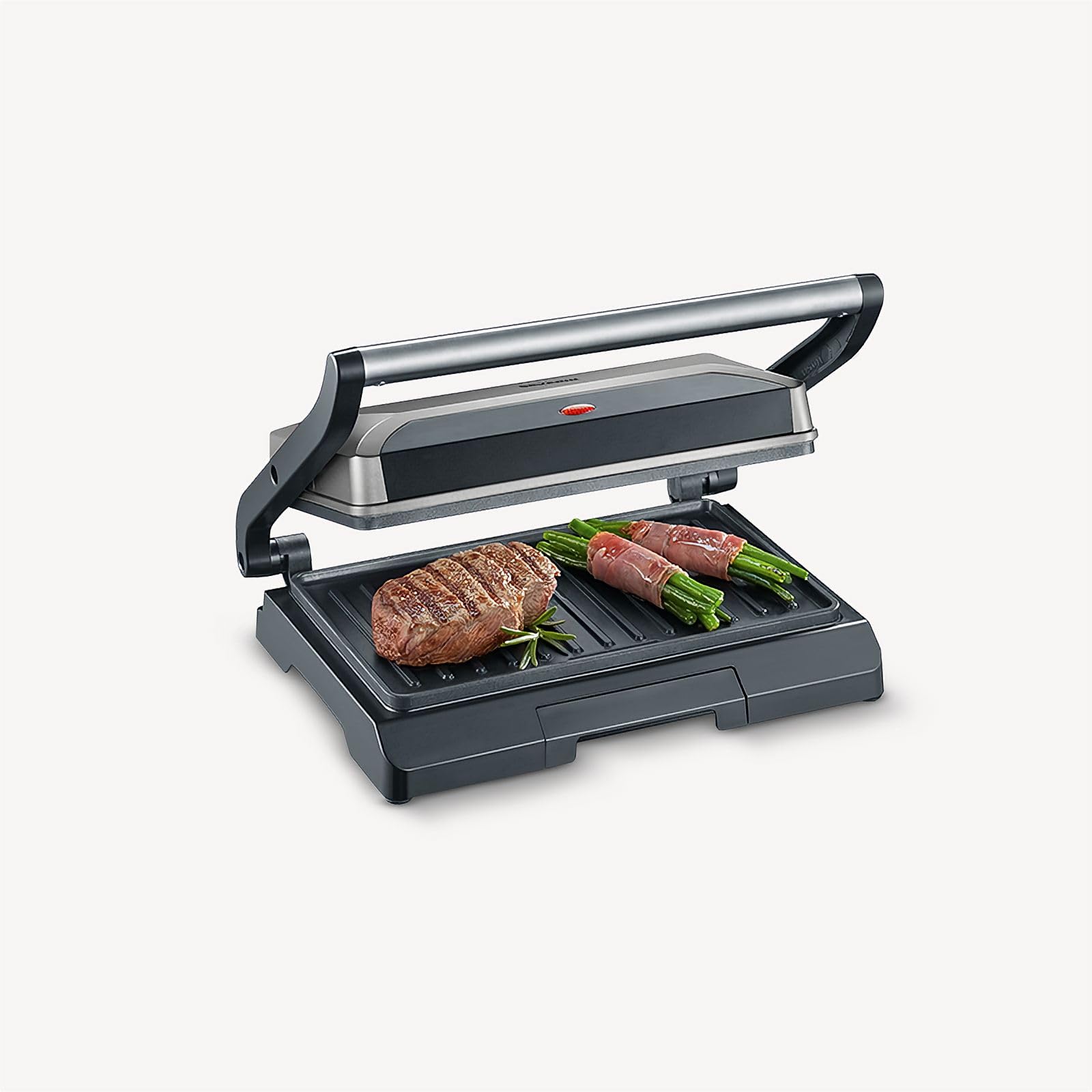 SEVERIN Bistecchiera Elettrica Compatta, 800W, Piastre Antiaderenti (23,0 x14,5 cm), Coperchio Basculante, Vassoio Removibile, Salvaspazio, 27,0 x 22,5 x 8,5 cm, Grigio Metallizzato - KG 2394