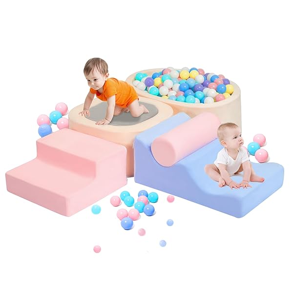 MIND&ACTION 6-Piece Toddler Clinbing Toys Indoor with Ball Pit, Climbing Toys for 1+ Year Old, Soft Play Set Baby Foam Blocks for Toddler 1-3 (Ball Not Included)