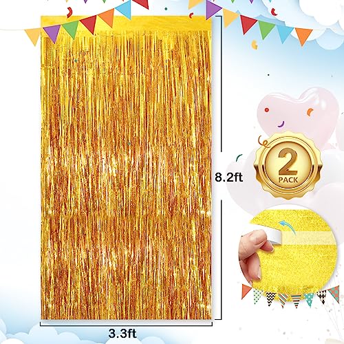 Image of 2Pack 3.3 x 8.3 Ft Gold Party Streamers, Tinsel Streamers Birthday Party Decorations, Fringe Backdrop for Graduation, Baby Shower, Door Streamers Tinsel Curtain Gender Reveal New Year Party Streamers