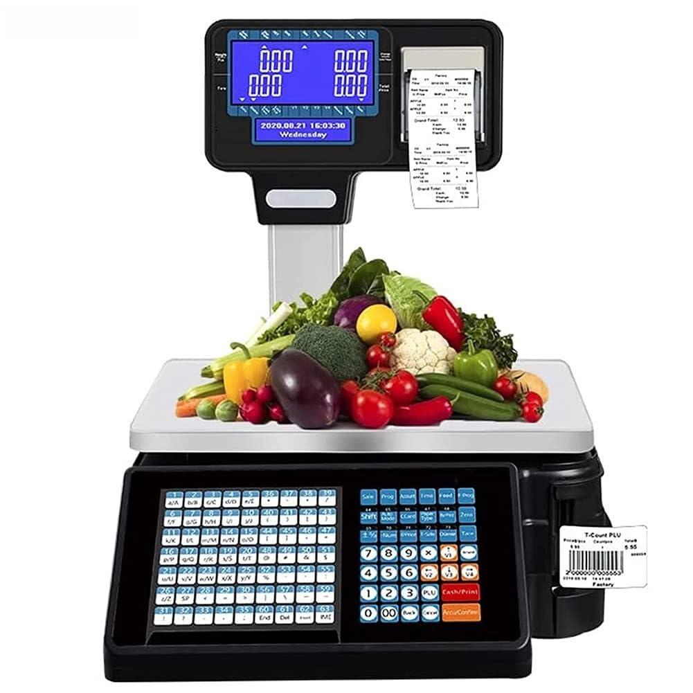 MYUYEE Label Printing Scale, Commercial Digital Price Computing Scale With Double-Sided Pole Display, 30Kg/66Lbs Capacity, Cash Register, Thermal Printer For Supermarkets & Reta