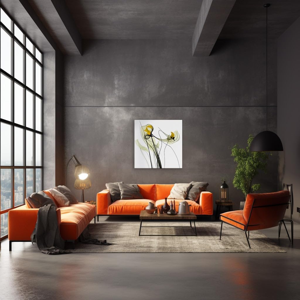 Canvas for Living room. Whispers of Tranquility: The Abstract Dance of Lines and Yellow Blooms, 27 x 18 inch Canvas Wall Art - Contemporary Masterpieces - Modern Home Decor - 69x46 cm (27x18 inch)