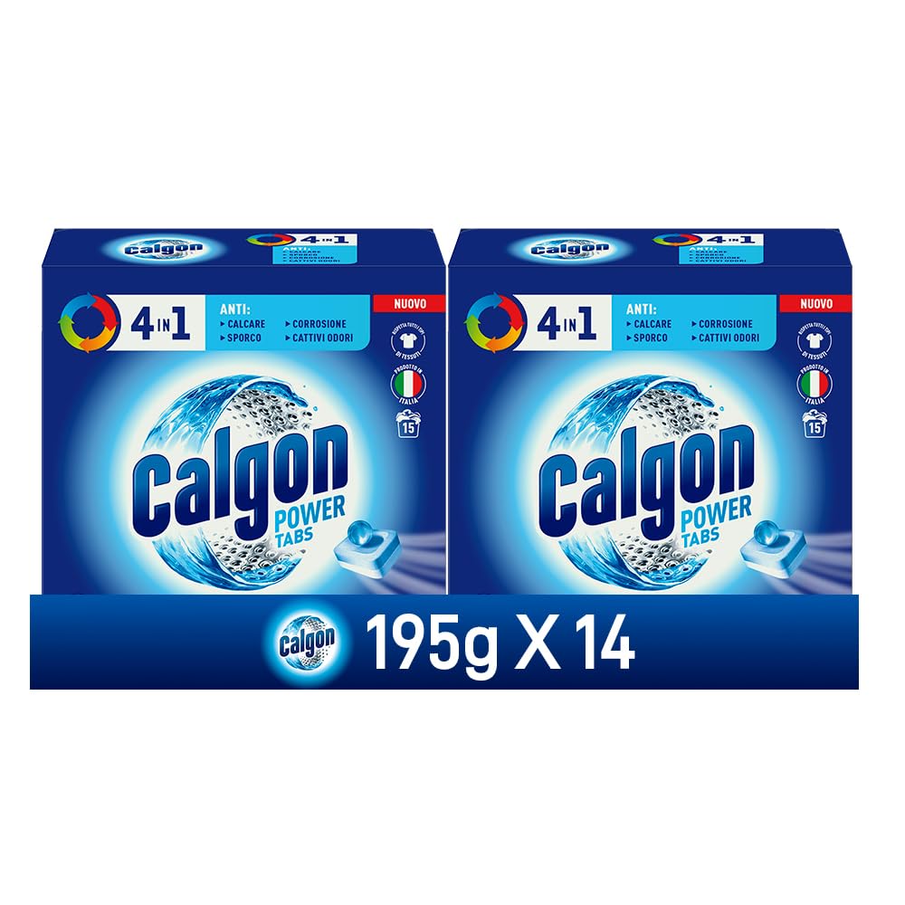 Calgon Power Polvere Anticalcare Lavatrice 4 in 1, 14 Confezioni da 15 tabs di Anticalcare per Lavatrici, 195g x 14, Additivo Lavatrice per una Protezione da Calcare, Sporco e Cattivi Odori