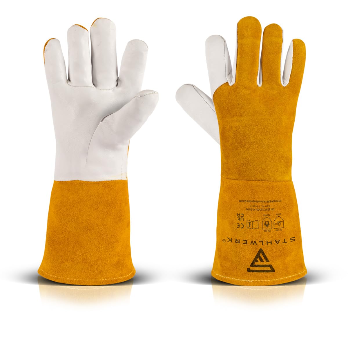 STAHLWERK Schweißerhandschuhe aus Rindspaltleder 2 Paar – Hitze- und feuerbeständige Schweißhandschuhe für WIG, MIG/MAG, MMA, Plasma mit Unterarmschutz, Nahtloser Daumen-Übergang, Einheitsgröße (34cm)