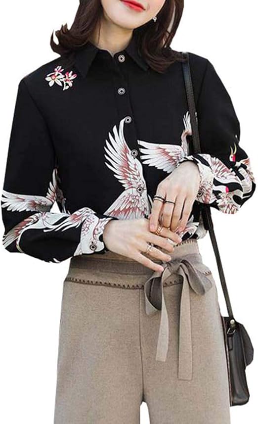 Amazon シャツ レディース 長袖 ブラウス 鶴絵 ファッション トップス 黒 韓国 ファッションブラウス 春 秋 シャツ ブラウス 通販