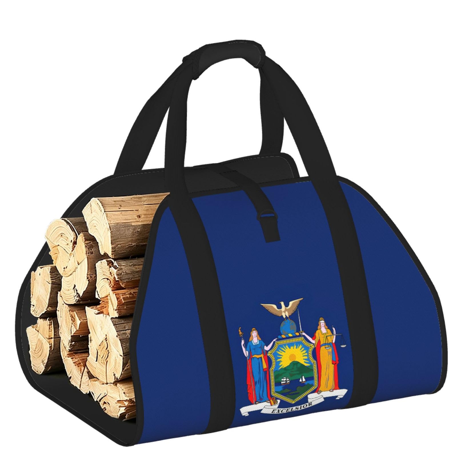 Ayyqwe Black New York State Flag Print Firewood Bag Wood Waterproof Versatile Camping Picnic Storage Daily Home
