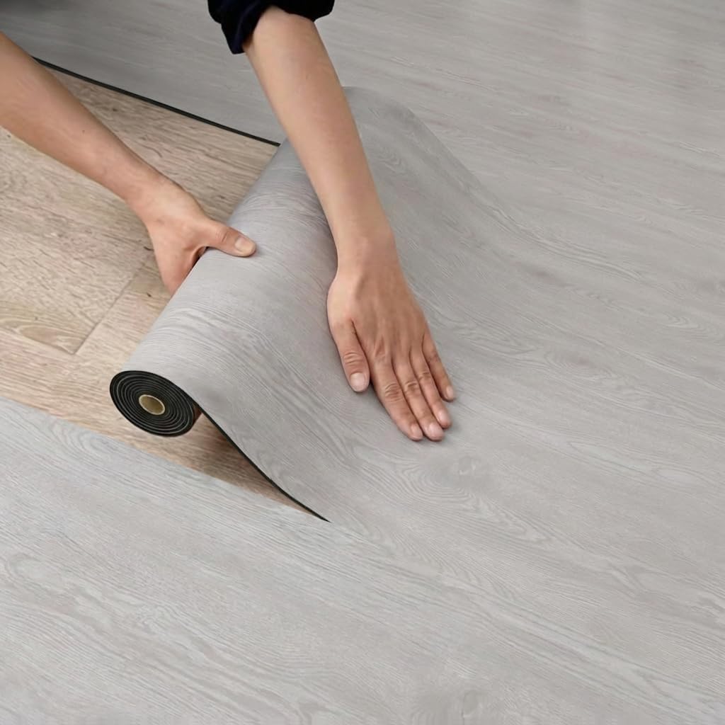 Wood Grain Peel and Stick Vinyl Flooring Roll, 40x300CM PVC Thicken Self-adhesive Floor Sticker Roll with Noise Reduction Aluminum Foil Layer for Home Office (QCYM, 300CM)