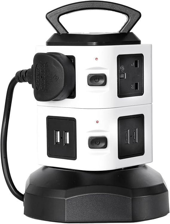 Tower Extension Lead With USB C Ports 6 Way Outlets With (2 USB Type