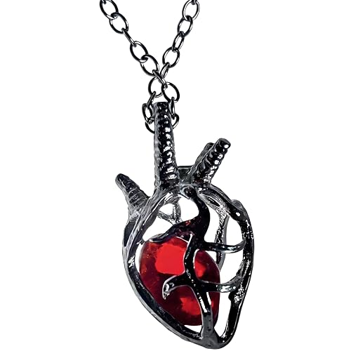 Gothic Anatomical Heart Necklace, 3D Black Heart Pendant with Blood Red Glass Gem, Goth Vintage Alt Emo Punk Grunge Vampire Witch Link Chain Choker Necklace Jewelry Accessories for Women Men - black