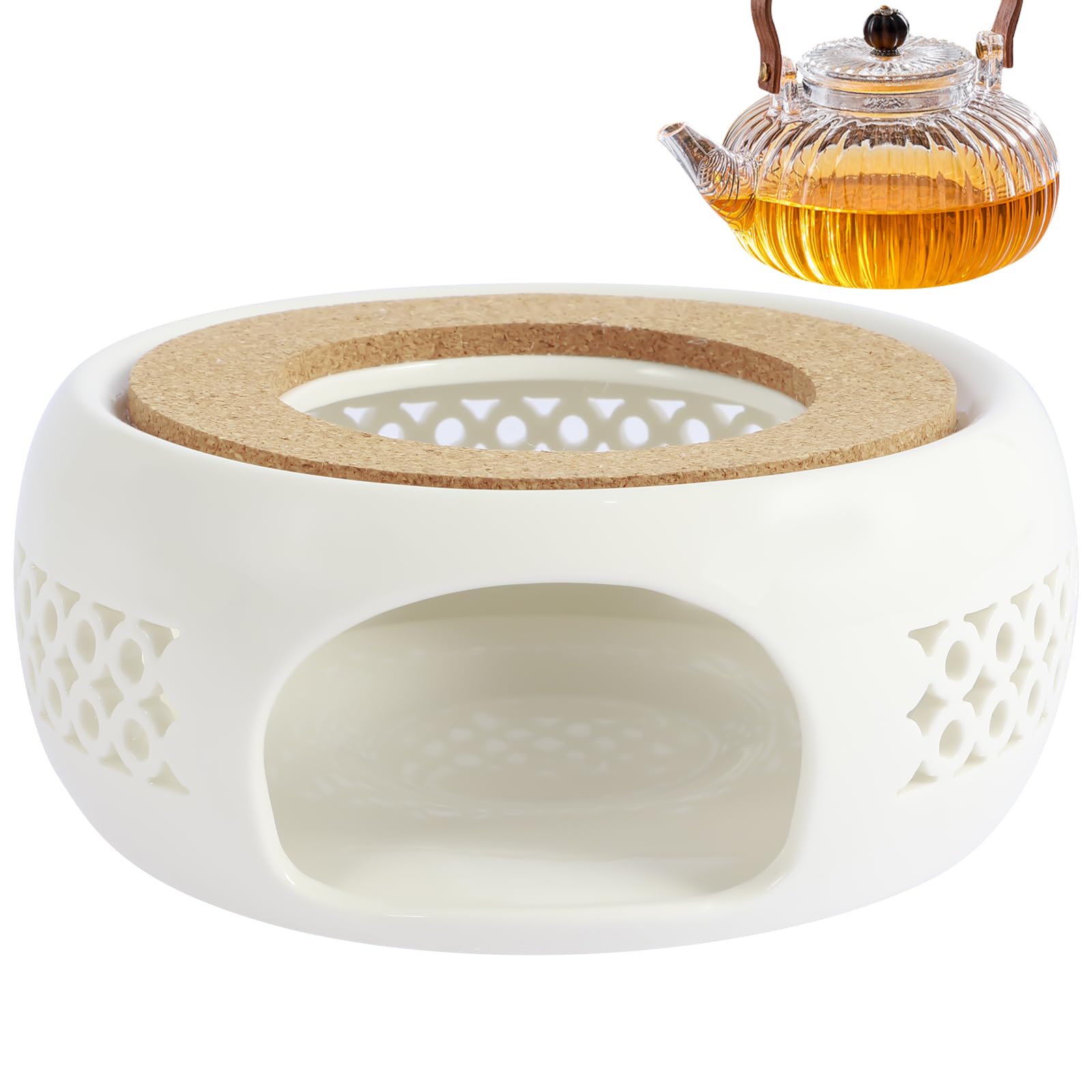 LCZNXJJY Ceramic Teapot Warmer, Teapot Heater w Cork Cushion, Hollow Ceramic Ceramic Coffee Tea Warmer, Tea Light Warmer w Round Candle Base for Glass Teapot Ceramic Teapot, As Show