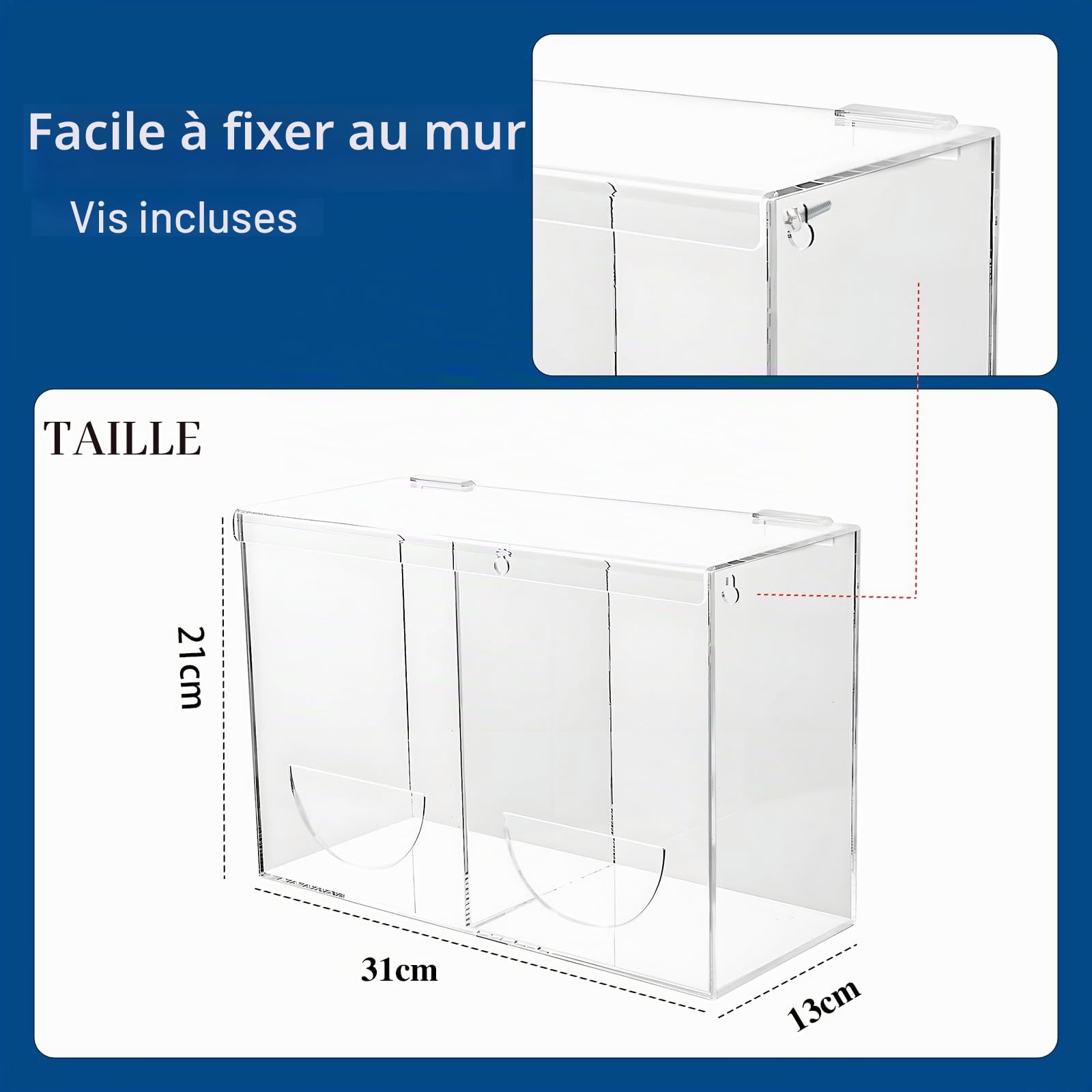 Distributeur de Gants Jetables Mural 2 Niveaux, Distributeur Surchaussures et Charlottes Jetables, Boîte de Rangement en Acrylique Transparent Durable avec Couvercle Pour Laboratoires, Famille