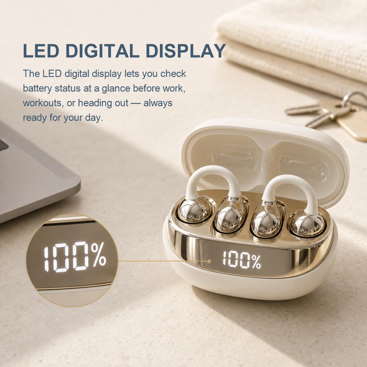 Auriculares abiertos con clip, Bluetooth 6.0, micrófono, funda LED