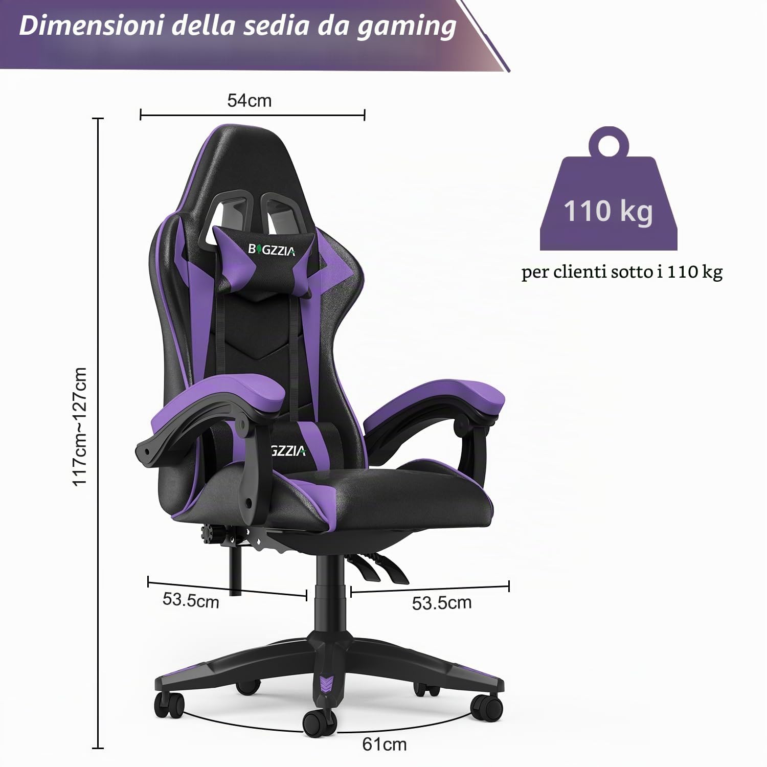 bigzzia Sedia da Gaming, Ergonomica, Per Gamer, con Cuscino Lombare e Poggiatesta, Regolabile in Altezza, Sedia Per Computer, Per Ufficio (Viola)