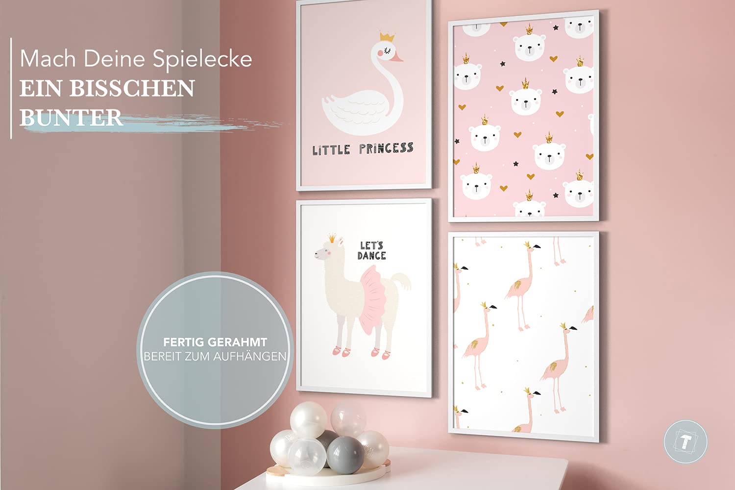 Cuadros para niños, Set de 4, A3 enmarcado en marco de madera (blanco), Regalo para niñas, Láminas decorativas para el cuarto infantil, rosa animales cisne Flamingo Llama, Princess Animals