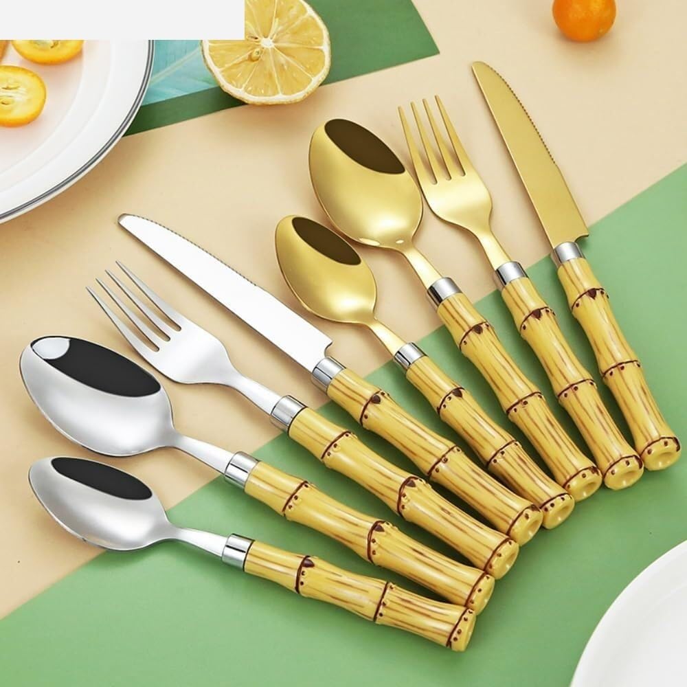 Juego de cubiertos de acero inoxidable con mango de bambú for cocina, vajilla de acero inoxidable, ideal for el hogar, restaurantes, banquetes, cuchillos, tenedores y cucharas (dorado, 16 piezas)(Silv