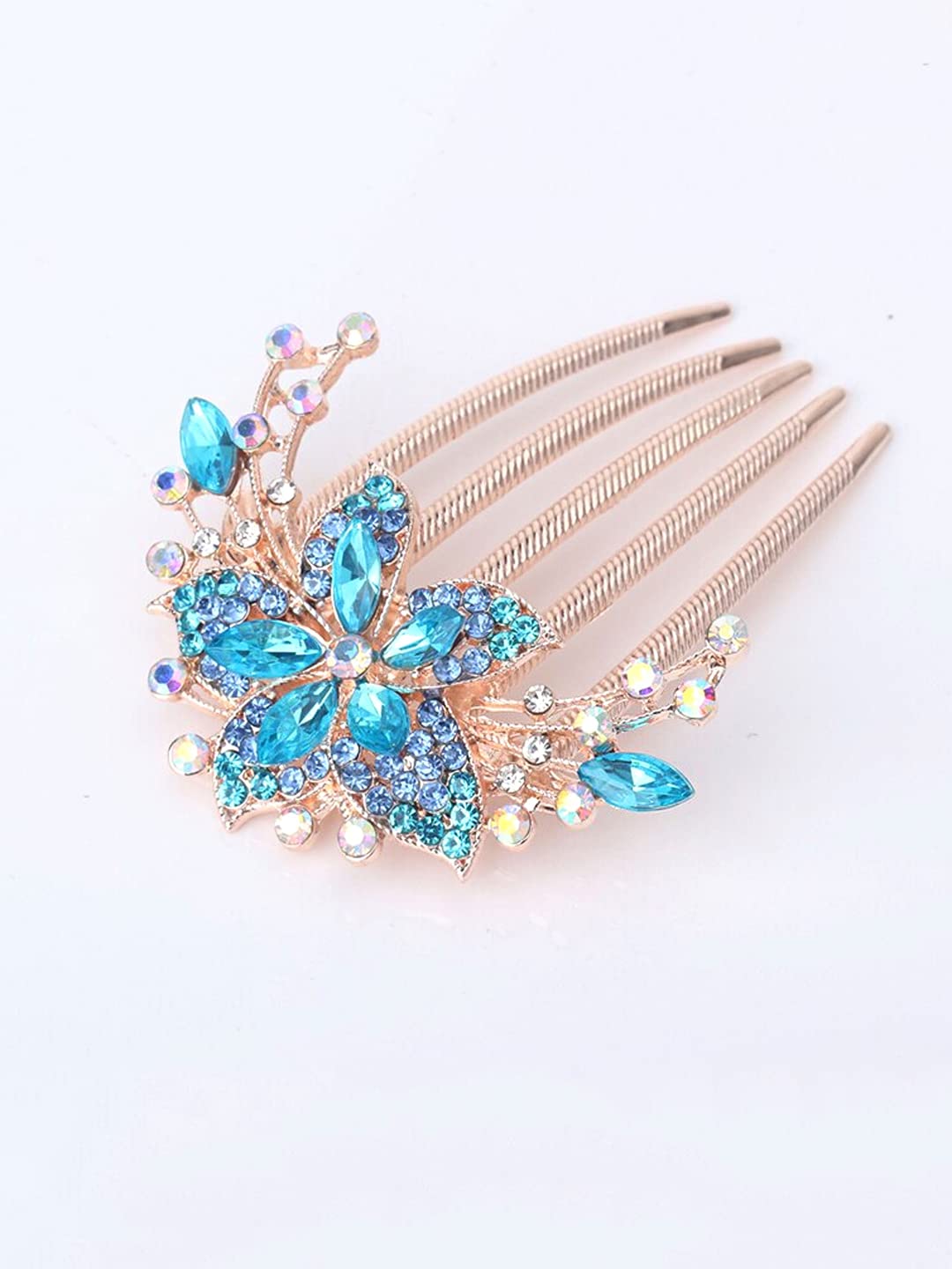 Yellow Floral Comb Clips - Blue Crystal Hair Pin - Women's Bridal Accessories for Wedding 3