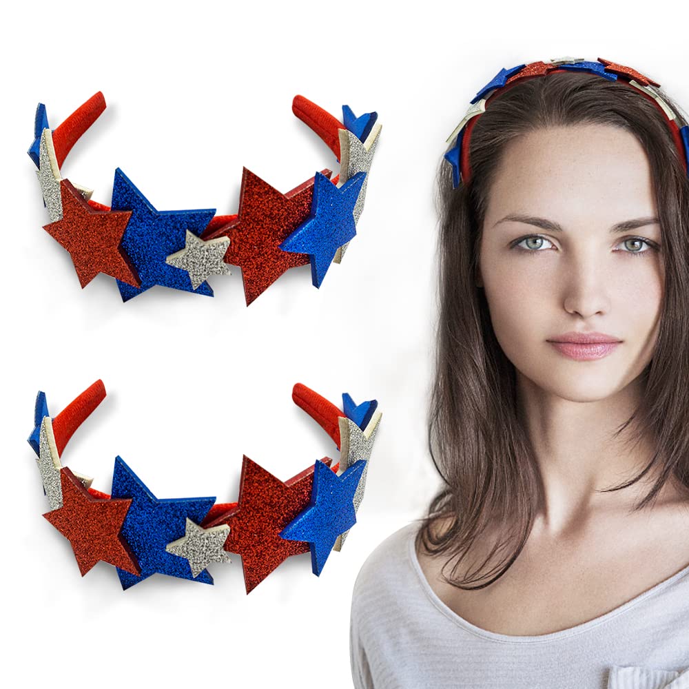 2Pcs 4th of July Headband Patriotic Glittery Red Blue White Stars Headband for Independence Day Patriotic Star Headband Star Hair Accessory Celebration Costume