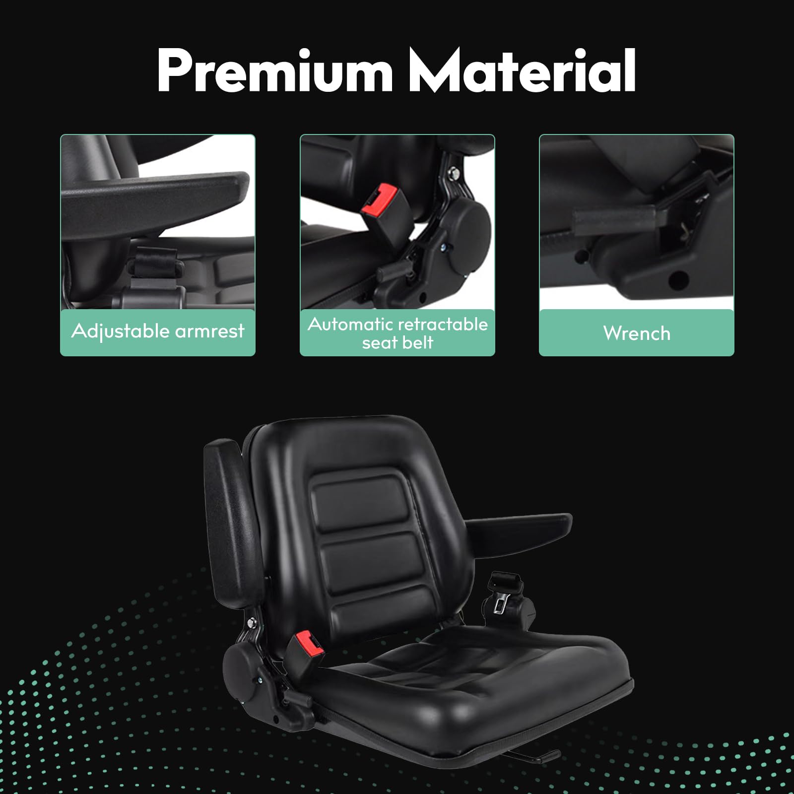 Asiento universal para carretilla elevadora, asiento de tractor plegable con reposabrazos trasero de ángulo ajustable, reposabrazos y cinturón de seguridad, para tractor, excavadora, excavadora