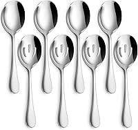Hiware 8-Piece Stainless Steel Serving Spoons Set - 4 Solid & 4 Slotted Buffet Utensils, 18/8 Rust-Resistant, Mirror Polished, Dishwasher Safe, 8.6-Inch