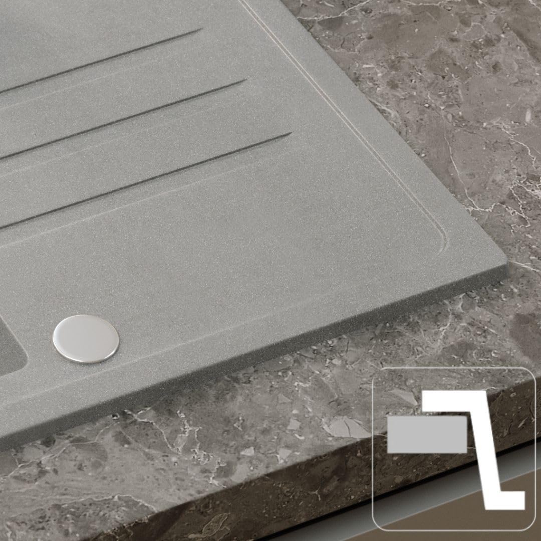 QUADRON Spülbecken Granitspüle Küche | Größe: 70 x 44 x 17,5 cm, Farbe: Schwarz | BEN 111 Küchenspüle Einbeckenspüle Set: Granitspüle + Schwarz/Stahl Flexibel Küchenarmatur + manuell Siphon