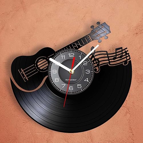 Miniatura 6 de Reloj de pared de guitarra acústica de 12 pulgadas, silencioso sin tictac, funciona con pilas, notas musicales musicales, reloj de pared con disco
