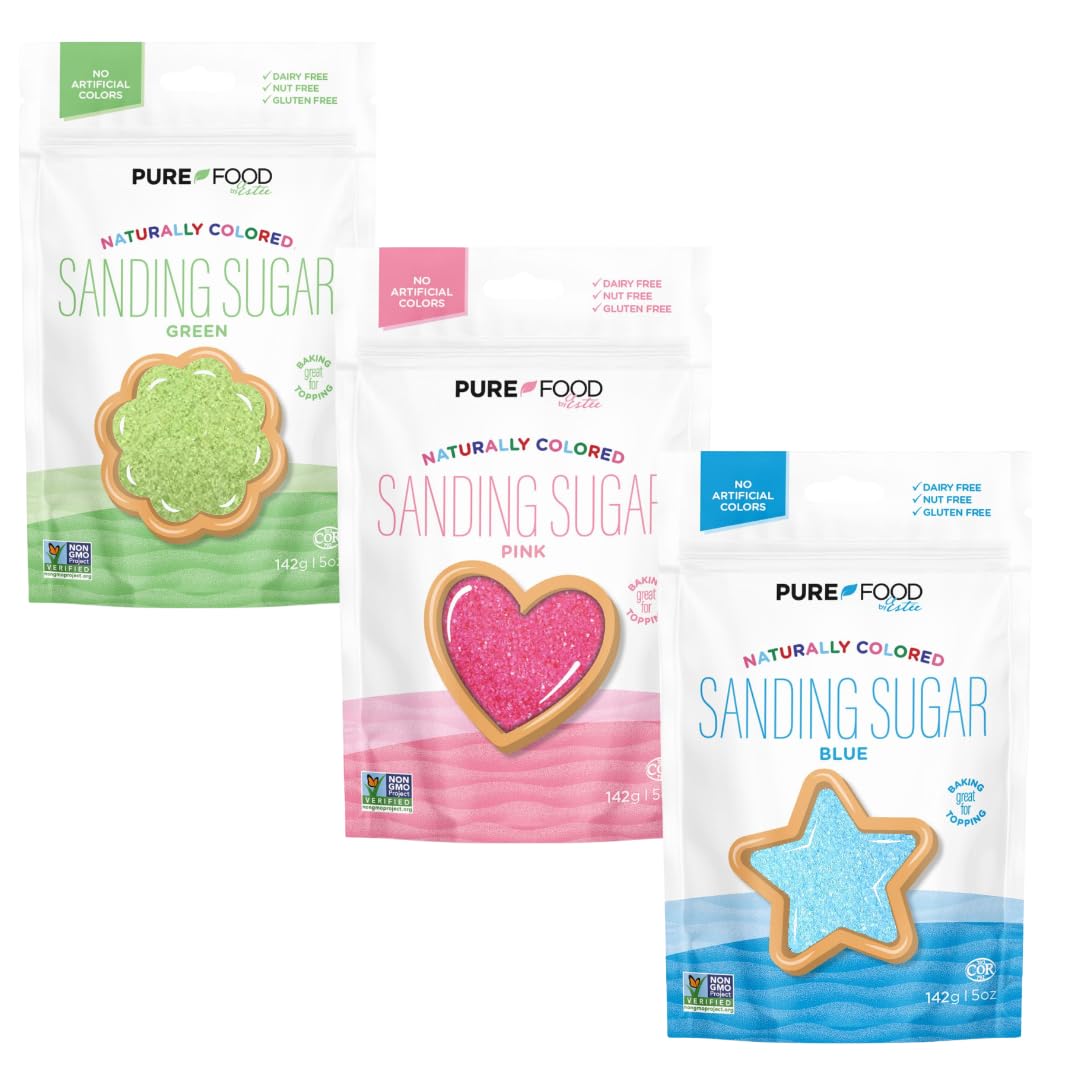 Pure Food Dye Free Sanding Sugar Variety Pack, 5 oz | Pink, Blue, Green | Naturally Colored Decorating Sugar Sprinkles | Colored Sugar | Great for Baking and Decorating