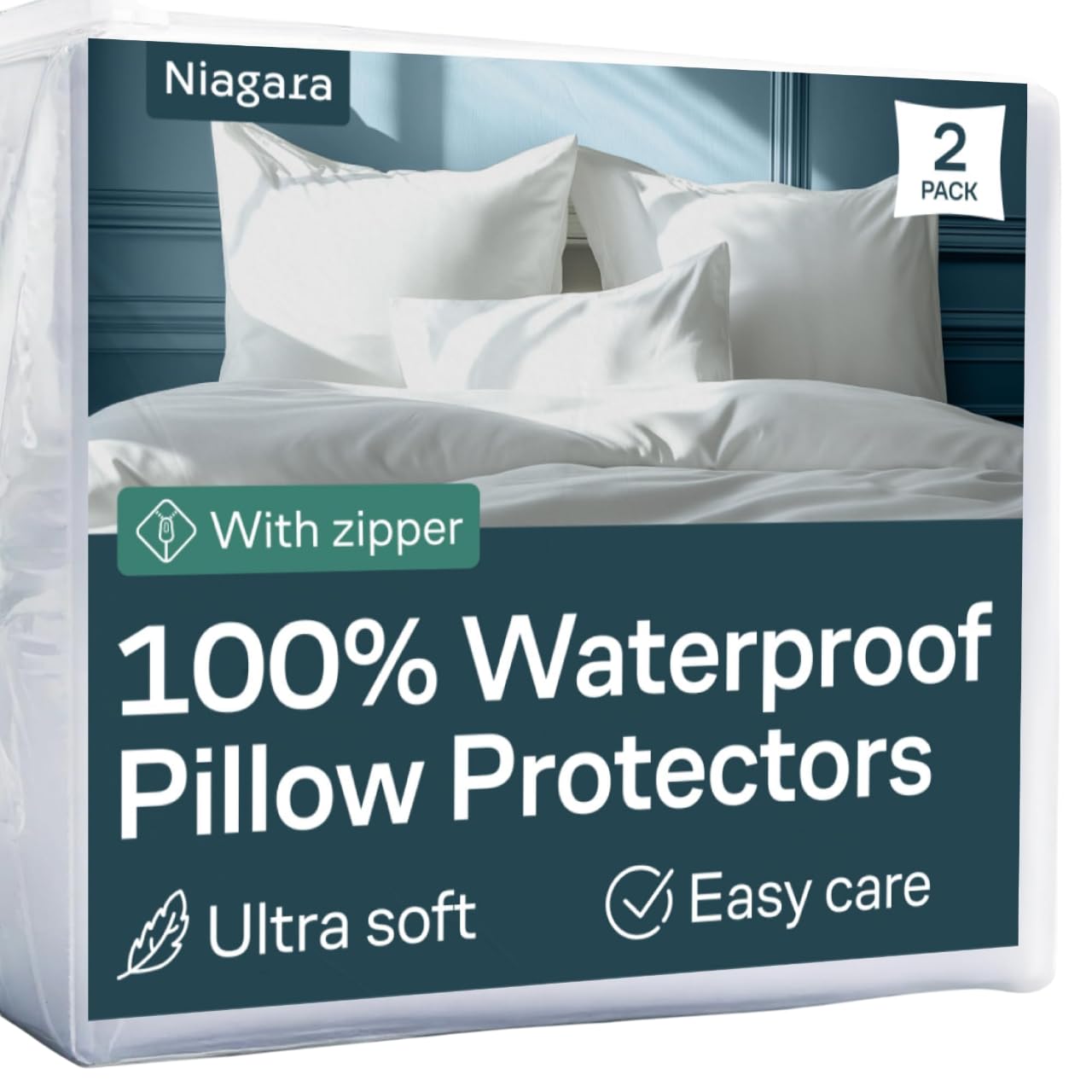 2 Pack Waterproof Pillow Protectors Queen 20x30 Inches Smooth Zipper Premium Encasement Covers Quiet Cases Set White 100% Liquid Protection