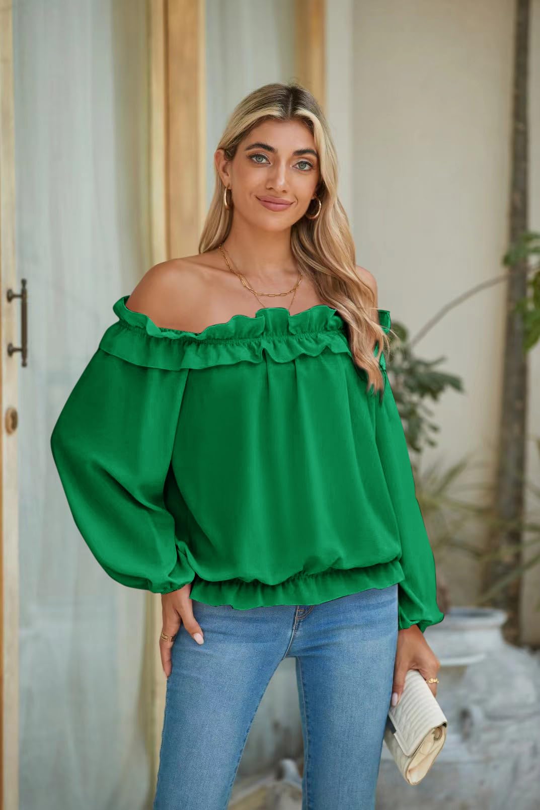 evnanic Womens Casual Off Shoulder Tops Long Sleeve Ruffle Flowy Chiffon Blouses Shirts
