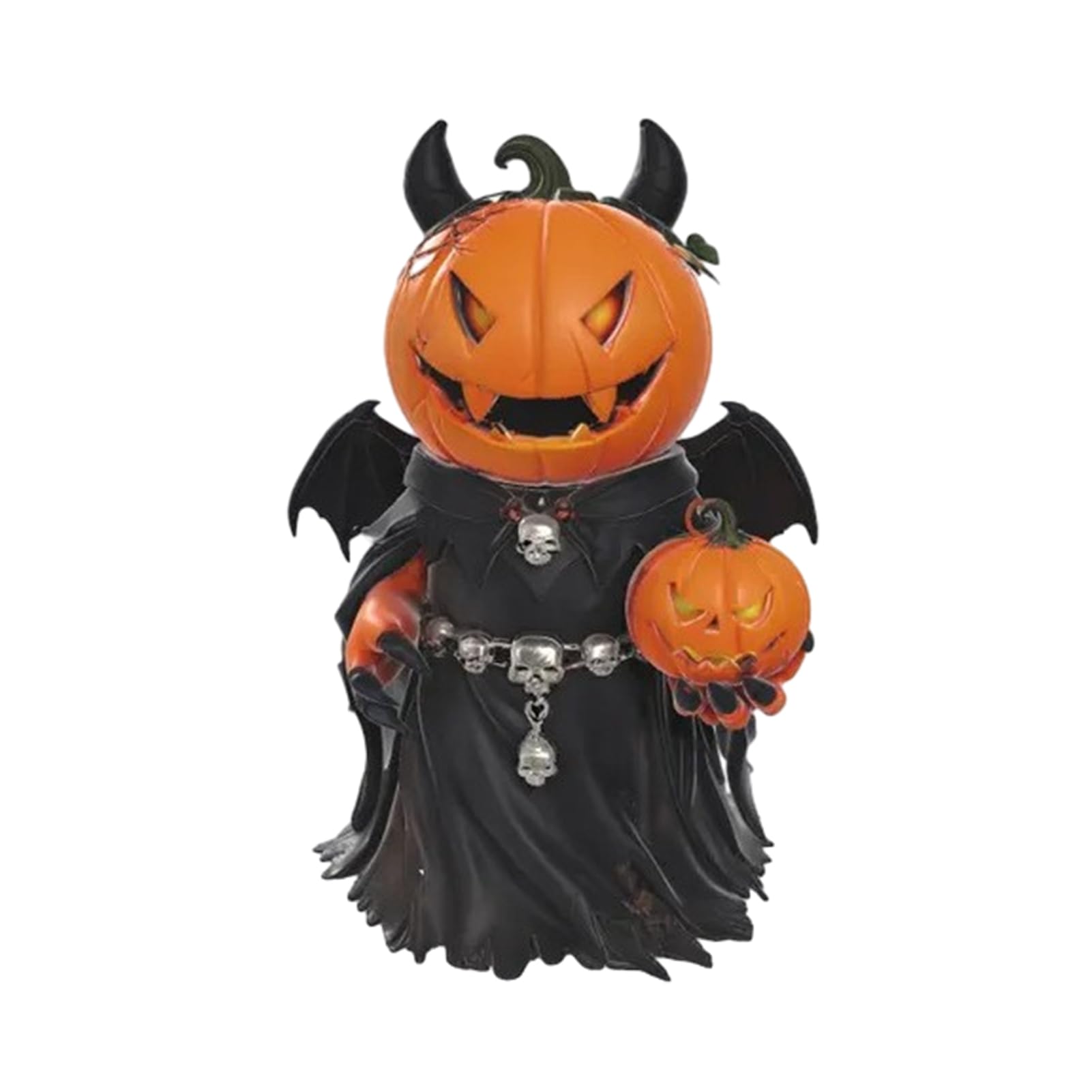 Pasisuu Halloween Devil Pumpkin Figurine – Spooky Resin Statue with Horns, Bat Wings & Skull Accents for Indoor Outdoor Decor Black
