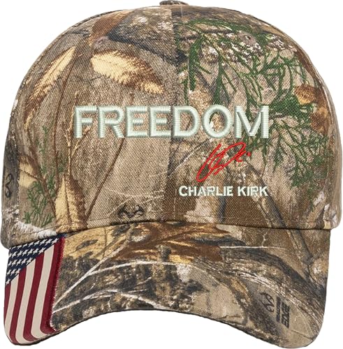 Freedom Charlie Kirk Signature Embroidered Hat with USA Flag on Brim for Men (US Alpha One Size Large Camo/White)