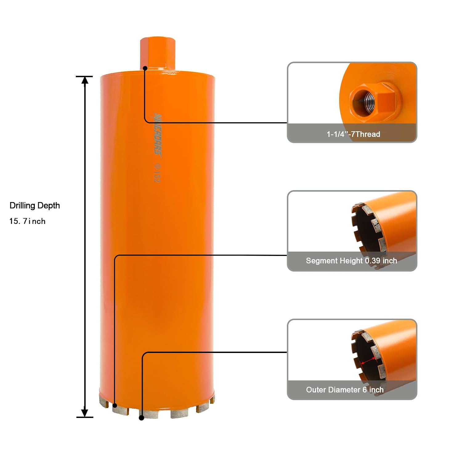 6-Inch Diamond Core Drill Bit, 1-1/4"-7 Thread, 10mm Segment Height, 15.7" Drilling Depth, Wet Drilling, Heavy-Duty Diamond Segment Hole Saw for Concrete, Masonry, Brick, Fast Cutting, Long Life