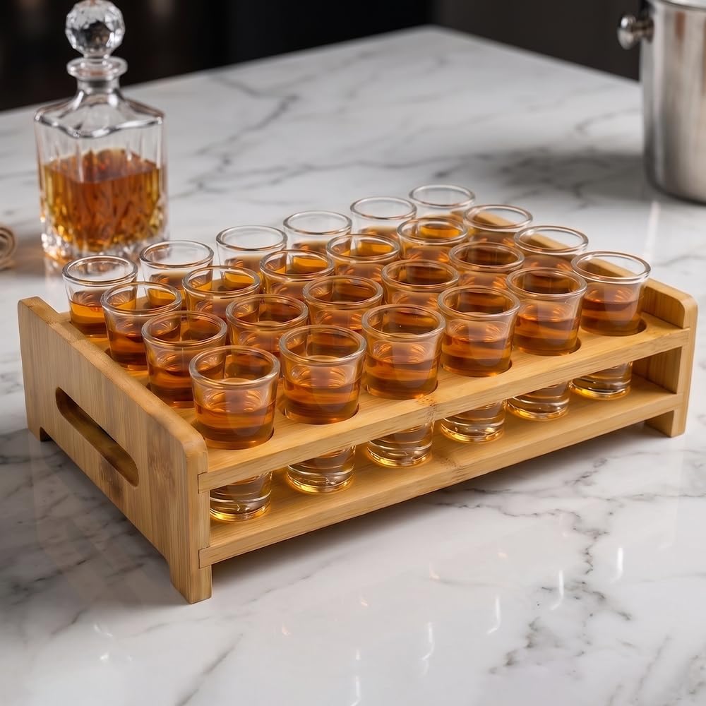 KITERI 24 Pack Shot Glass Set with Bamboo Holder Tray Stand