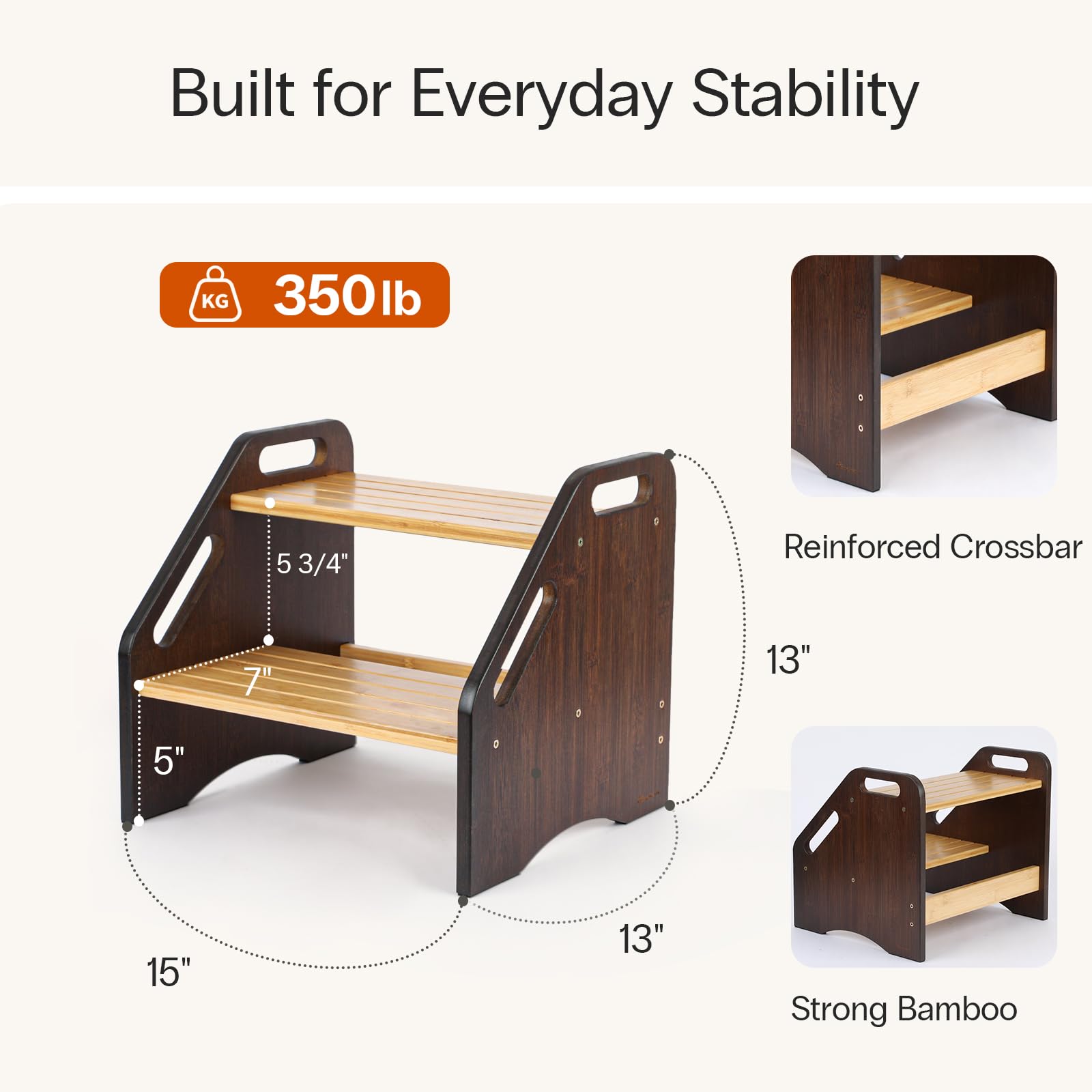 StrongTek Taburete 2 Escalones de Bambú Compacto Baño | Escalera versátil de bambú ahorra espacio con peldaños antideslizantes, perfecta para niños y adultos en el hogar
