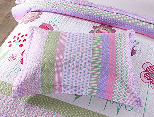 MarCielo 3 Piece Kids Bedspread Quilts Set Throw Blanket for Teens Girls Bed Printed Bedding Coverlet, Full Size, Purple Floral Striped (Full) - Thumbnail 7