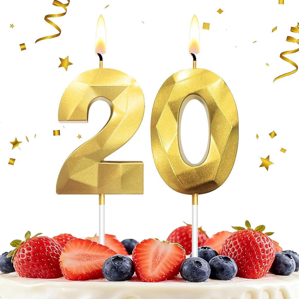 Hlwgfjdy Gold 20Th Birthday Candles Number 20 Cake Topper Happy Birthday Cake Decorations 3D Designed For 20Th Birthday Party, Candles For Birthday Anniversary Celebration Party Supplies