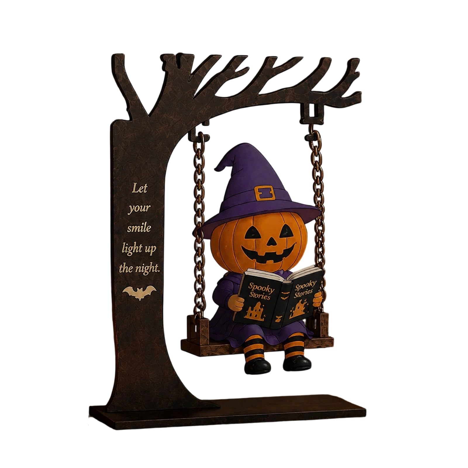 ZhzeYun Funny Halloween Swing Ornament, Witch/Skeleton/Mummy/Pumpkin Ghost Sitting on Swing Reading Book Figurine for Desktop Bookshelf Decor Acrylic Gift D