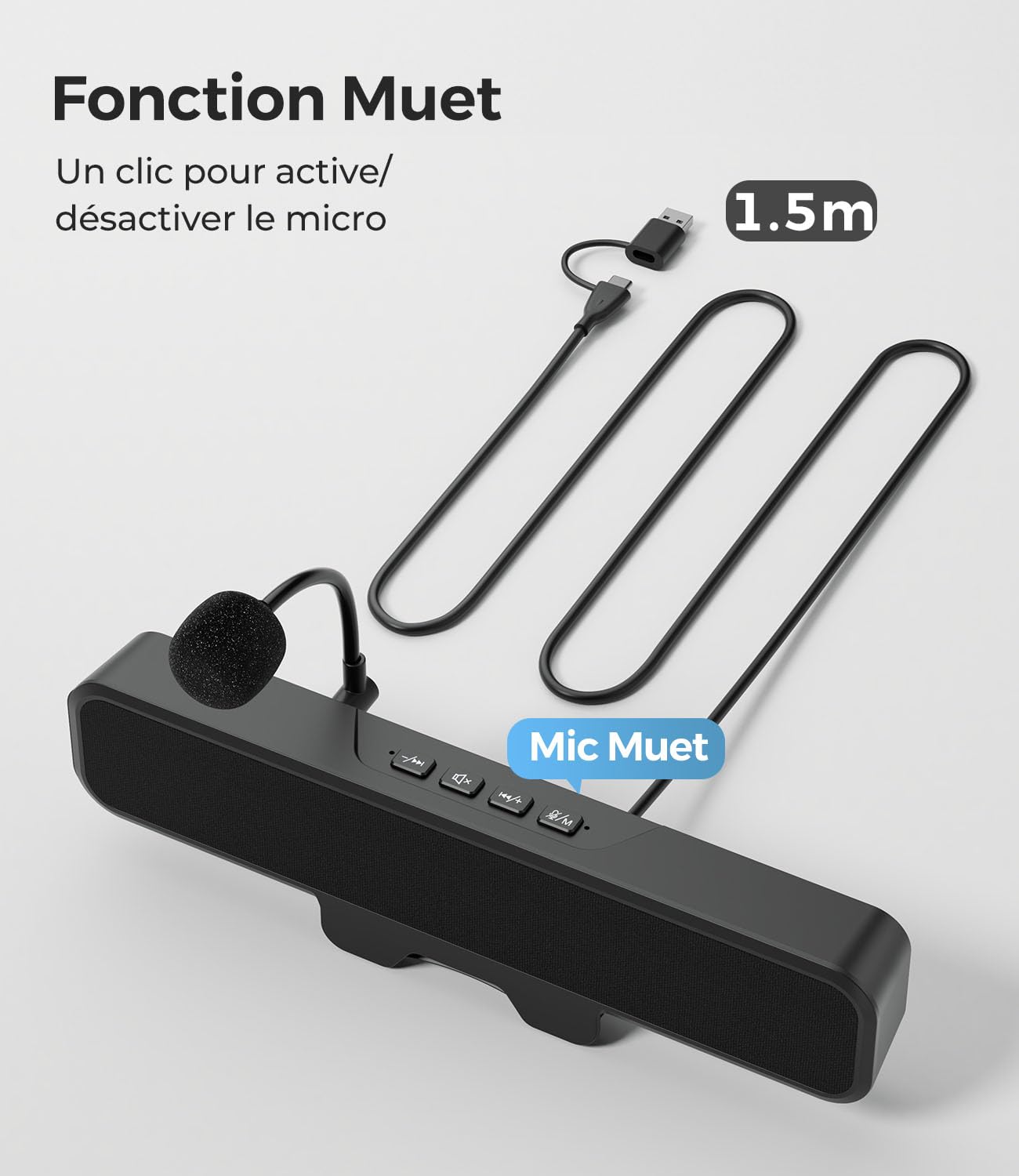 Enceintes USB d'ordinateur avec Microphone détachable, Enceintes de Bureau Plug-and-Play avec Clip pour écran, Son stéréo et Graves, adaptées au PC, PS5, Switch 2 et Ordinateur Portable