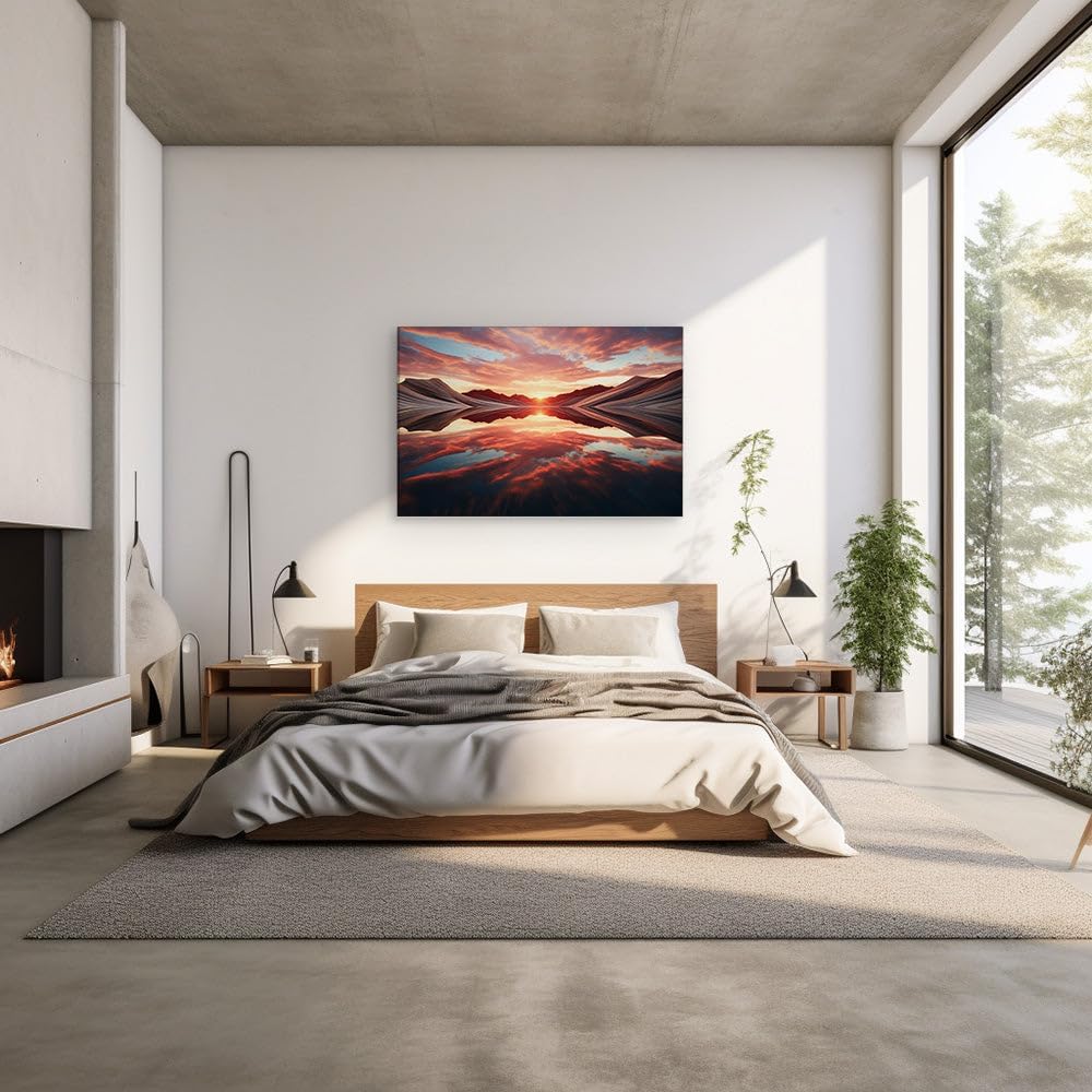 Canvas for Living room. Sunset Serenity: Reflections of Gold on Mountain Waters, 27 x 18 inch Canvas Wall Art - Contemporary Masterpieces - Modern Home Decor - 69x46 cm (27x18 inch)