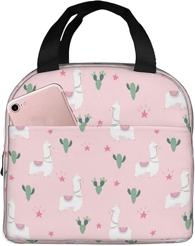 Lonchera con diseño de llama y cactus rosa para mujeres y hombres, reutilizable, con aislamiento de llamas, contenedor con bolsillo frontal