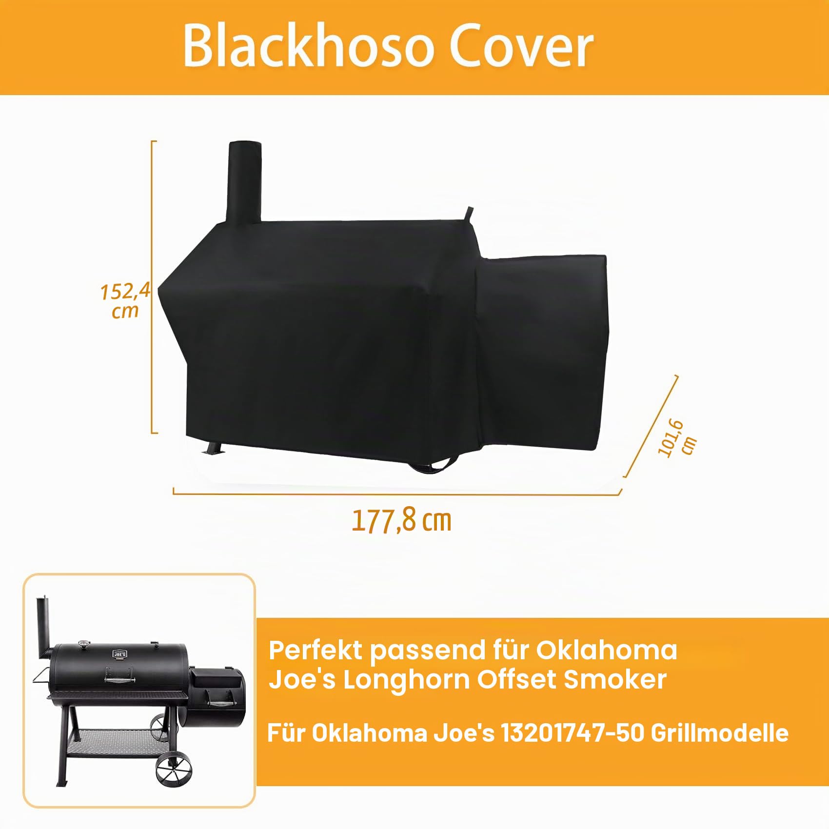 Grillabdeckung für Oklahoma Joe's Longhorn Offset Smoker, 177,8 cm, strapazierfähig, wasserdicht, UV-beständig, Offset-Raucherabdeckung für Oklahoma Joe's 13201747-50, Outdoor-Grillabdeckung | Robuste, wasserdichte, UV-beständige Offset-Raucherabdeckung f