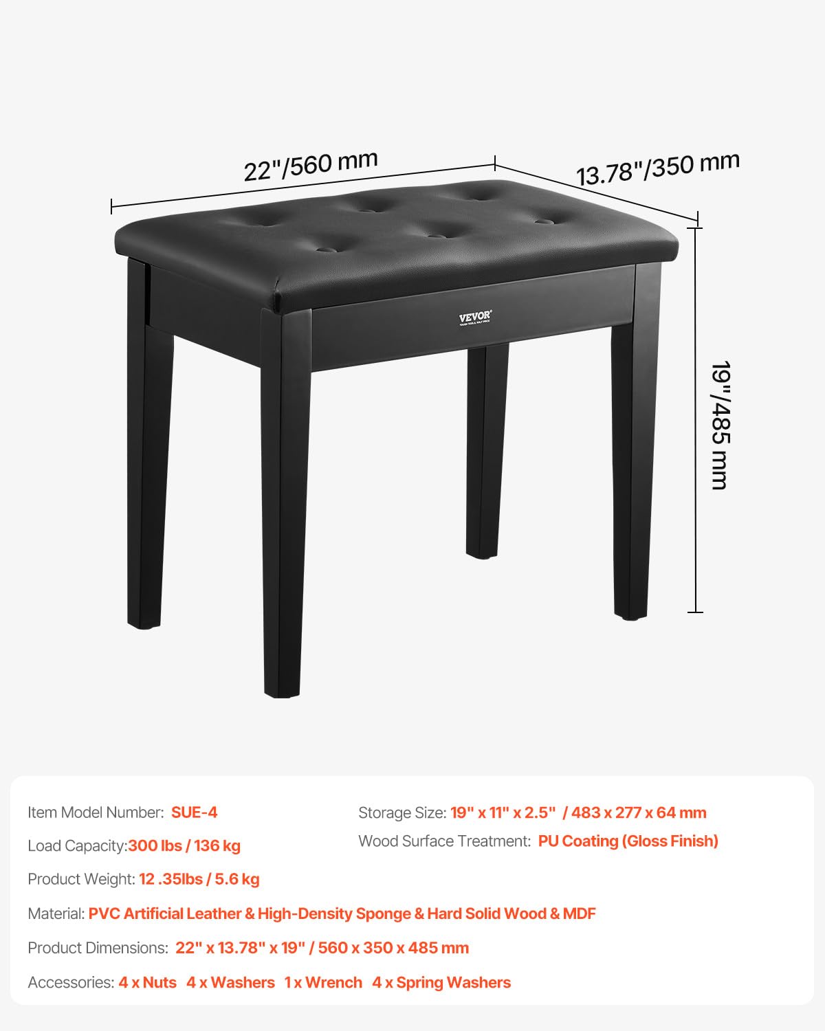VEVOR Ławka fortepianowa 560 x 350 x 485 mm taboret fortepianowy z wyściełaną poduszką o wysokiej gęstości, drewniana ławka do pianina, schowek na książki muzyczne, sypialnia