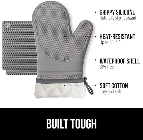 Miniatura 194 de GORILLA GRIP Juego de 4 manoplas de horno de silicona suave sin BPA y soportes para ollas, resistentes al calor, forro de algodón grueso, agarre Rojo