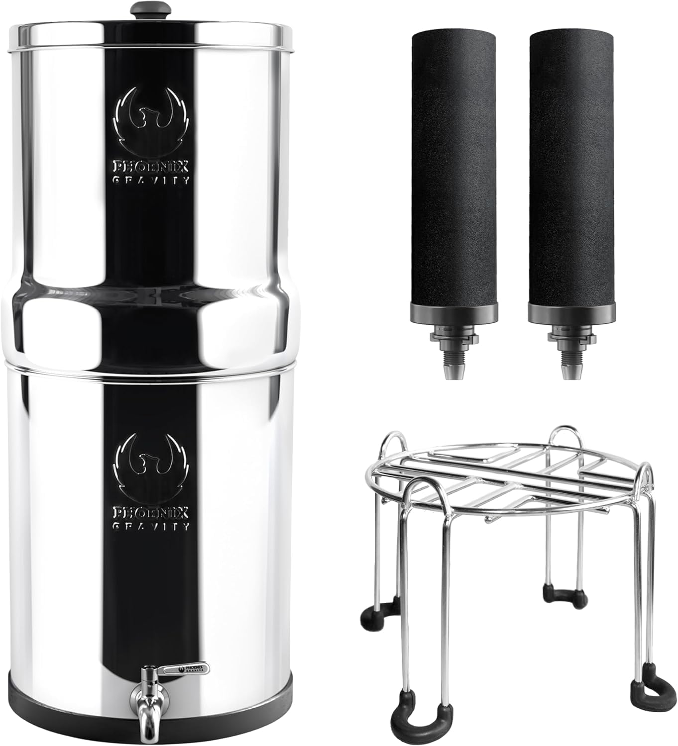 PHOENIX GRAVITY Filtro acqua a gravità in acciaio inox da 12 litri | Certificato NSF AISI 304 | 2 cartucce di carbonio intelligenti e supporto in acciaio inossidabile inclusi | Non necessita di